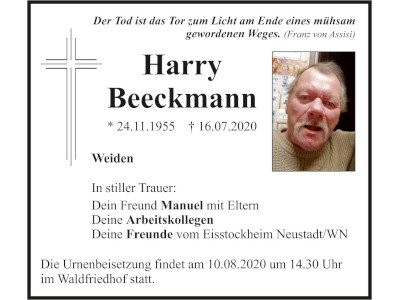 Traueranzeige Harry Beeckmann, Weiden