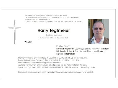 Traueranzeige Harry Tegtmeier, Weiden