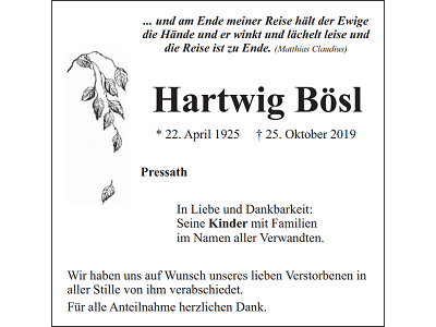 Traueranzeige Hartwig Bösl, Pressath