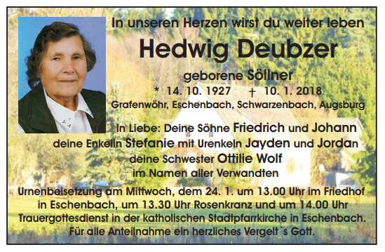 Traueranzeige Hedwig Deubzer, Grafenwöhr