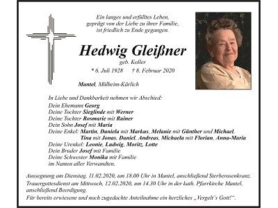 Traueranzeige Hedwig Gleißner, Mantel