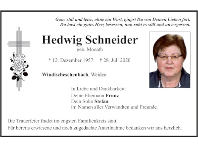 Traueranzeige Hedwig Schneider, Windischeschenbach