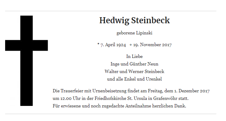 Traueranzeige Hedwig Steinbeck, Grafenwöhr