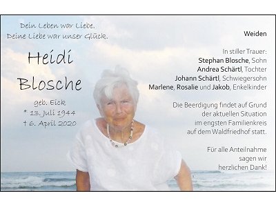 Traueranzeige Heidi Blosche, Weiden