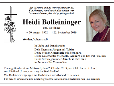Traueranzeige Heidi Bolleininger, Weiden