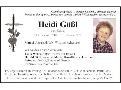 Traueranzeige Heidi Gößl, Mantel