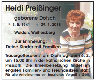 Traueranzeige Heidi Preißinger, Weiden