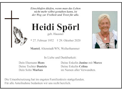 Traueranzeige Heidi Spörl, Mantel