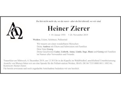Traueranzeige Heiner Zierer, Weiden