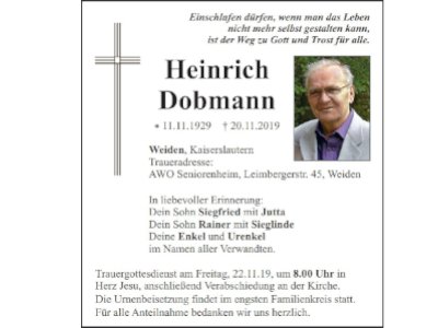 Traueranzeige Heinrich Dobmann, Weiden