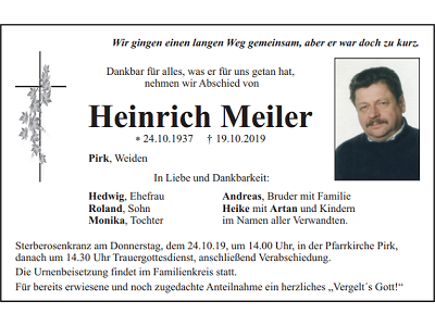 Traueranzeige Heinrich Meiler, Pirk