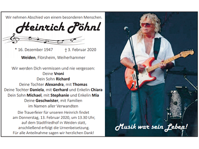 Traueranzeige Heinrich Pöhnl, Weiden