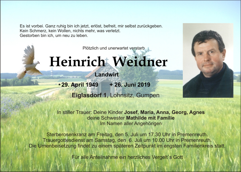 Traueranzeige Heinrich Weidner, Lohnsitz
