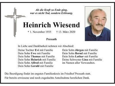Traueranzeige Heinrich Wiesend, Pressath