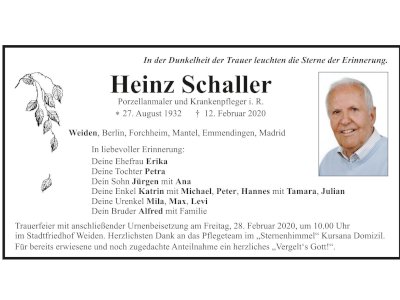 Traueranzeige Heinz Schaller, Weiden