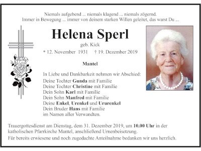 Traueranzeige Helena Sperl, Mantel