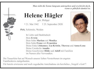 Traueranzeige Helene Hägler, Pirk