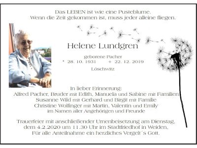 Traueranzeige Helene Lundgren, Löschwitz