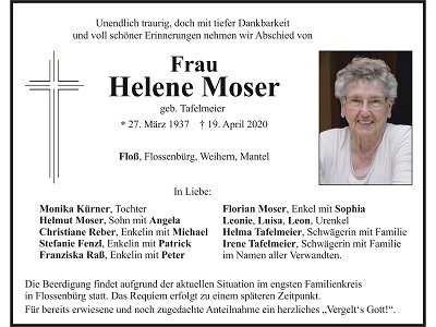 Traueranzeige Helene Moser, Floß