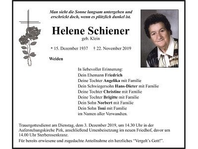 Traueranzeige Helene Schiener, Weiden