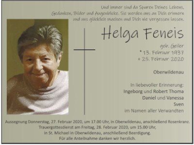 Traueranzeige Helga Feneis, Oberwildenau