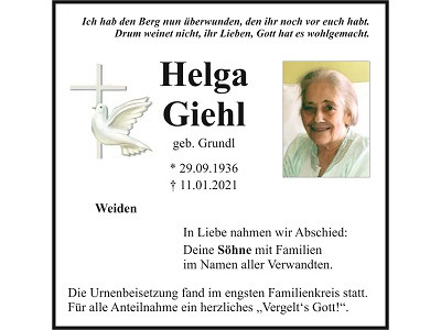 Traueranzeige Helga Giehl, Weiden