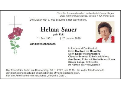 Traueranzeige Helma Sauer, Windischeschenbach