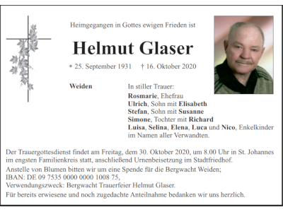 Traueranzeige Helmut Glaser, Weiden