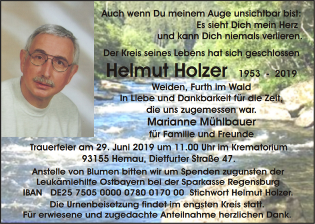 Traueranzeige Helmut Holzer, Weiden