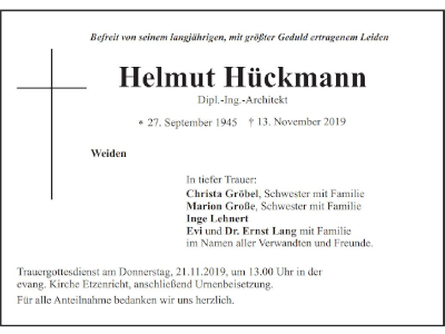 Traueranzeige Helmut Hückmann, Weiden