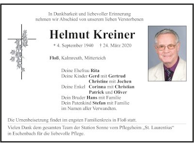 Traueranzeige Helmut Kreiner, Floß