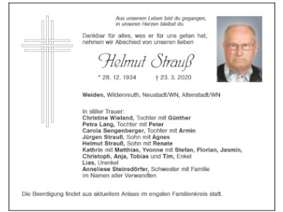 Traueranzeige Helmut Strauß, Weiden