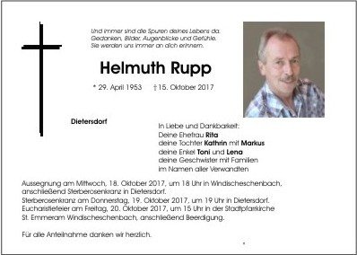 Traueranzeige Helmuth Rupp, Dietersdorf