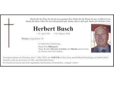 Traueranzeige Herbert Busch, Weiden