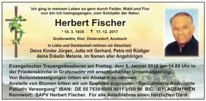 Traueranzeige Herbert Fischer, Grafenwöhr