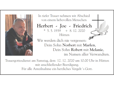 Traueranzeige Herbert Joe Friedrich, Hütten