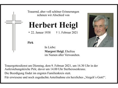 Traueranzeige Herbert Heigl, Pirk
