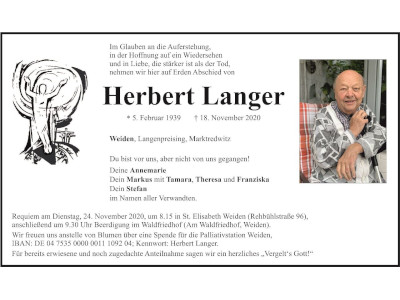 Traueranzeige Herbert Langer, Weiden