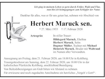 Traueranzeige Herbert Mauruck, Artesgrün