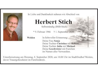 Traueranzeige Herbert Stich, Weiden