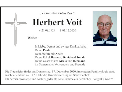 Traueranzeige Herbert Voit, Weiden