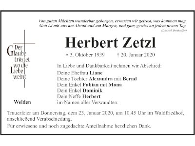 Traueranzeige Herbert Zetzl, Weiden