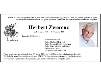 Traueranzeige Herbert Zwerenz, Pressath