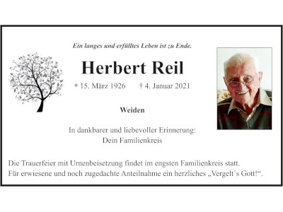 Traueranzeige Heribert Reil, Weiden