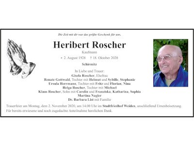 Traueranzeige Heribert Roscher, Schirmitz