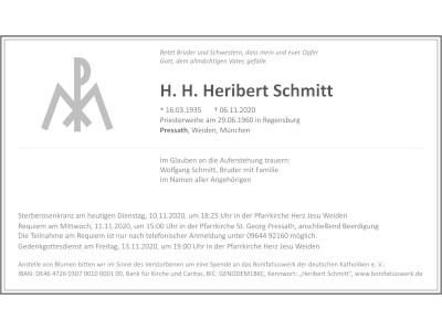 Traueranzeige H.H. Heribert Schmitt, Pressath