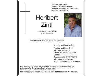 Traueranzeige Heribert Zintl, Neustadt/WN