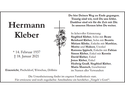 Traueranzeige Hermann Kleber, Etzenricht