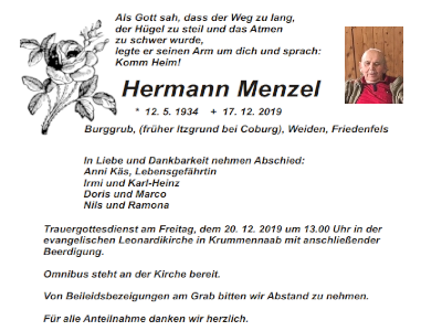 Traueranzeige Hermann Menzel, Burggrub