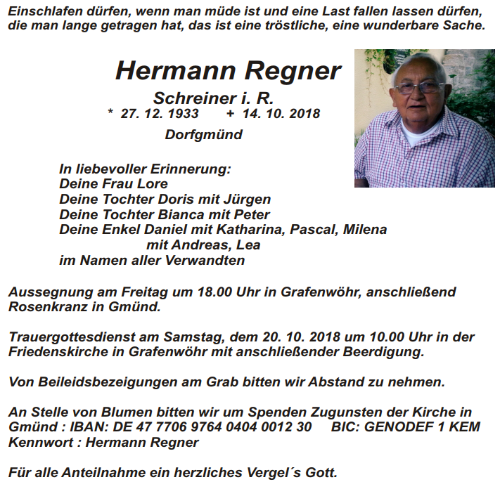 Traueranzeige Hermann Regner, Dorfgmünd